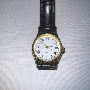 Gold Tone Roman Numeral Quartz Watch Black‎ Faux Leather Band